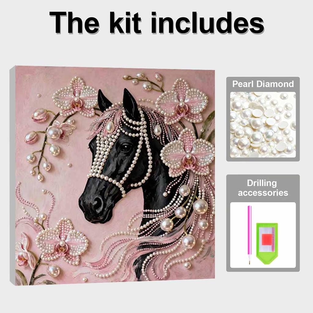 Black Horse Full 5D DIY Pearl Gem Art Diamond Painting Kits for Adults/Beginners Gift Idea Home Decor 11.81x11.81in