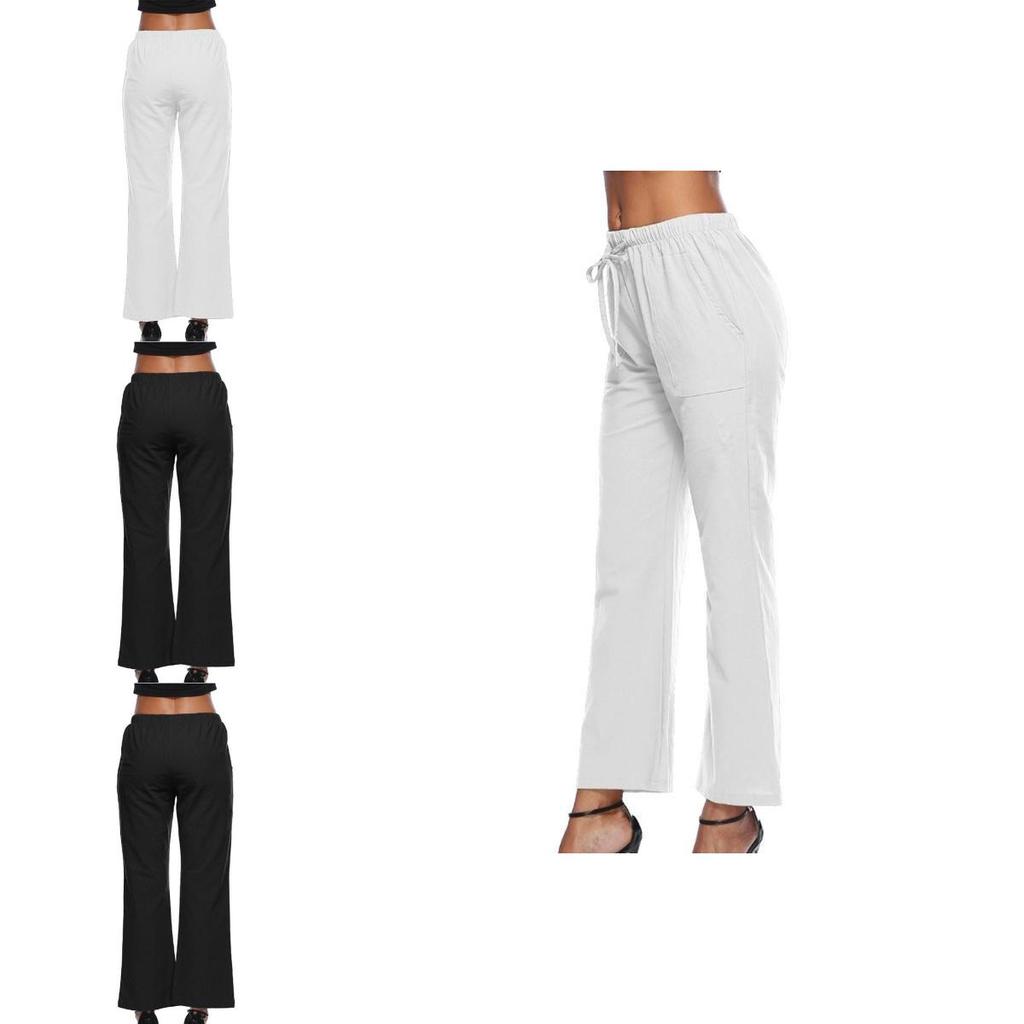 Women Long Linen Trousers With Comfortable Loose Fit And Elegant Straight Style In Classic Black And White Colors
