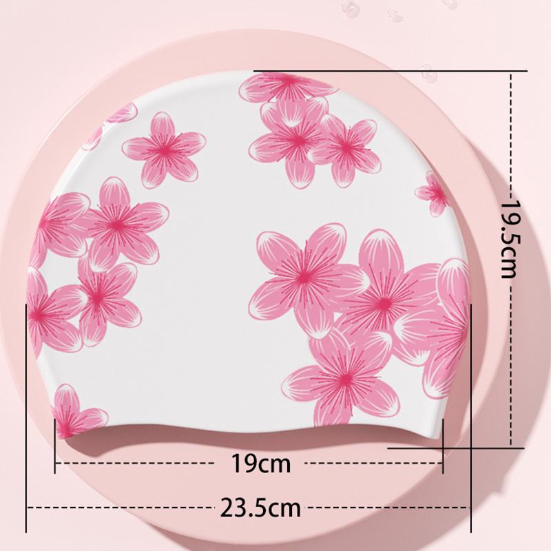 Silikon-Badekappe für Damen, Wasserdichte Badekappen für lange Haare mit Blumenmuster