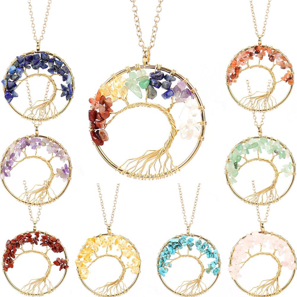 Gold Wire-Wrapped Tree of Life Necklace with Natural Crystal Crushed Stone