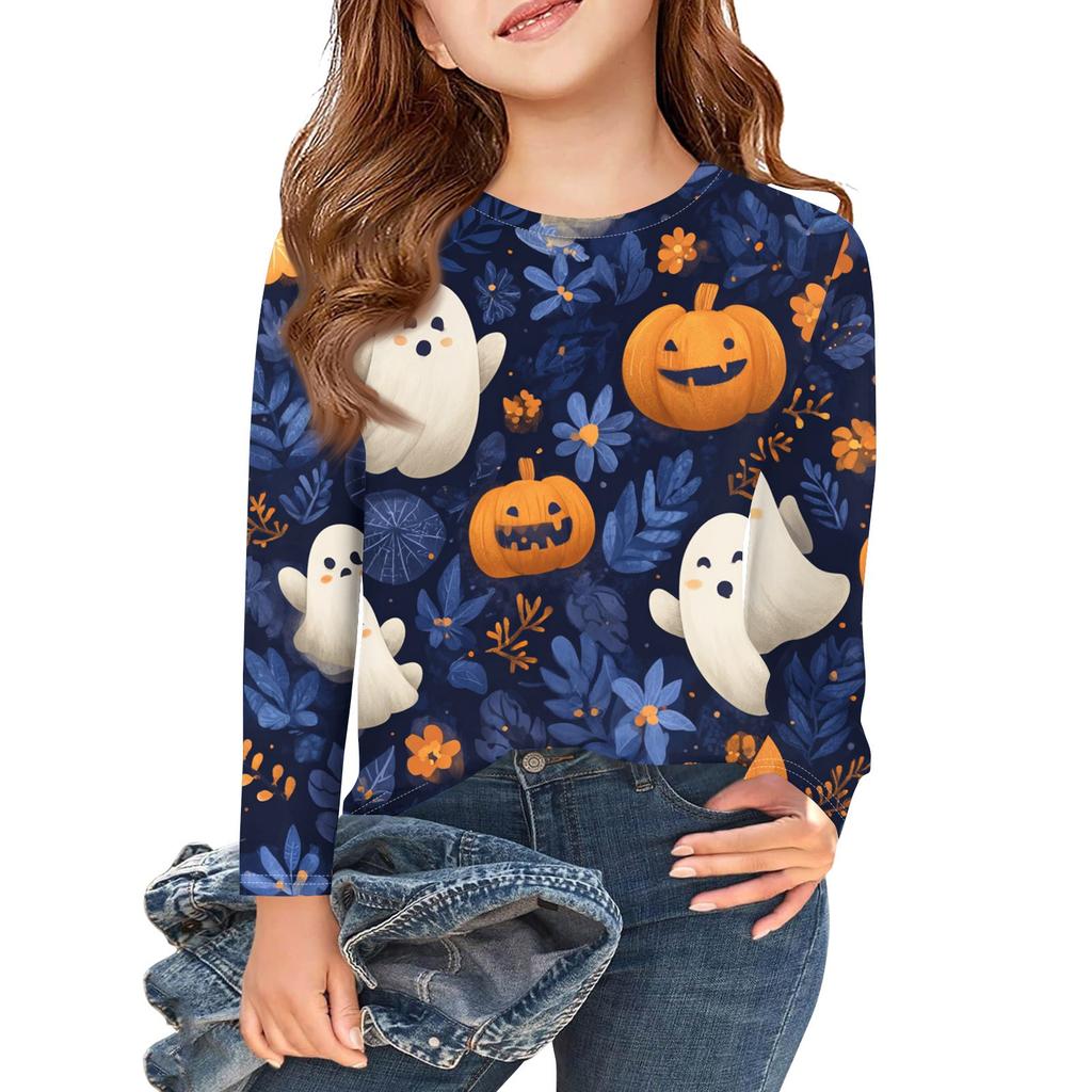 Girls Long Sleeve T Shirts Kids Fall Tops Crewneck Halloween Printed Basic Tees 3-9Y