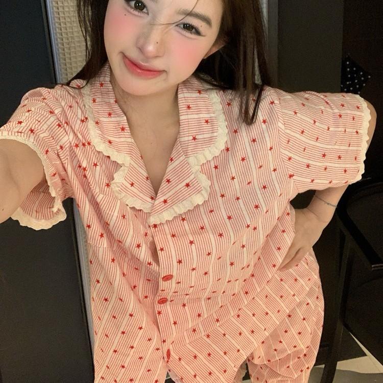 Girls star striped lace pajamas summer short sleeved shorts ins style suit girls loungewear