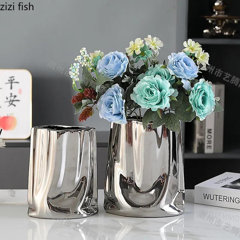 Electroplating Pocket Vase Tabletop Ceramic Flower Ware Creative Flower Arrangement Vase Living Room Aesthetic Decoration
