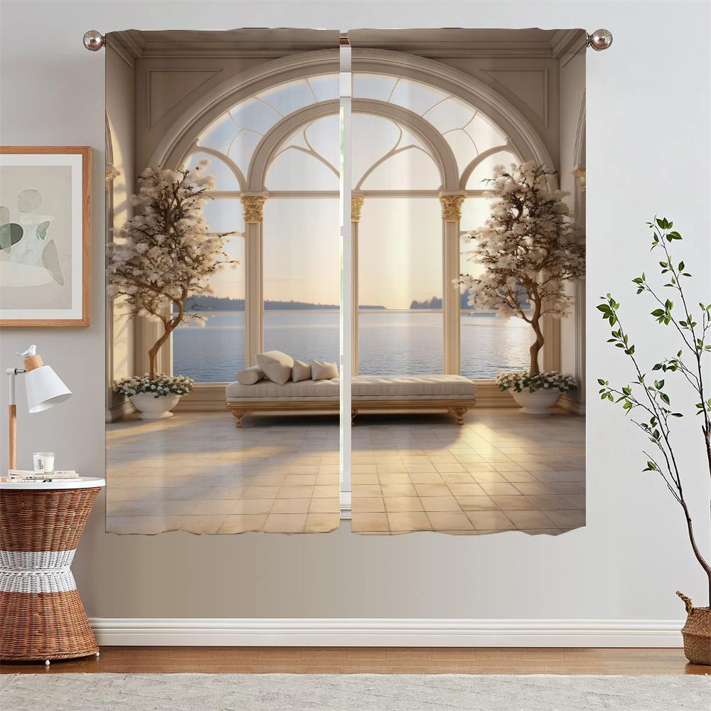European Arch With Sea View Kitchen Curtain Tiebacks Elegant Room Curtains 2 Pcs Set Tulle for Living Room Decoration Blinds