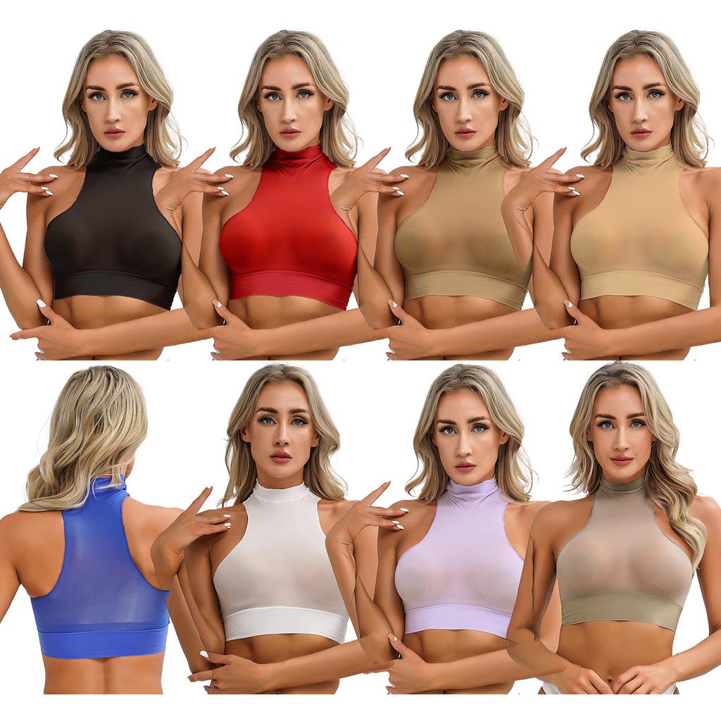 Womens Mock Neck Sleeveless Sheer Crop Top Glossy See Through Vest