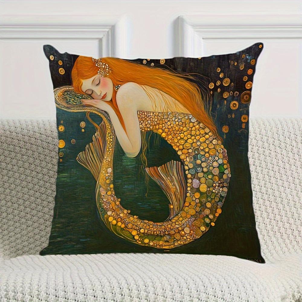 1Pc Art Deco Mermaid Cushion Cover Polyester 2D Double-Sided Washable Pillowcase Soft Durable Decorative Cover For Sofa Bedroom