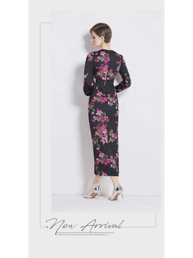 Elegantes Kleid mit Laternenärmeln und Print - Hochwertig, Leicht reifer Stil, Taillenbetont, Langer Rock für Frühlings- und Herbstabendgarderobe