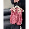 Soft Thin Summer Doll Collar Romper Strawberry Grid Frill Design Stylish Infant Girls Daily Crawling Wear 0-18M