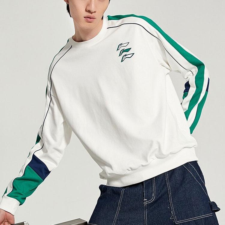 Li-Ning Sport Fashion Series Logo Print Color Block Crew Neck Sweatshirt Unisex Sweatshirt White AWDQ262-8