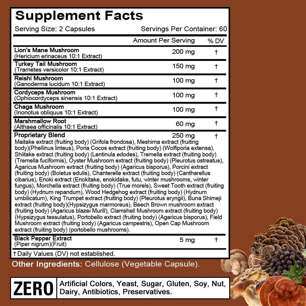 Herbal Extracts Supplement, With Lions Mane, Chaga, 120 Capsules Per Bottle