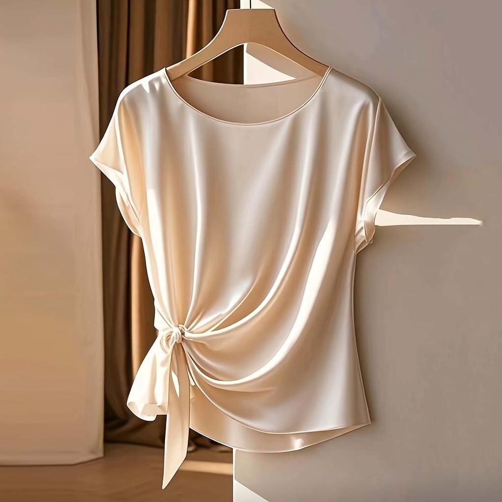 Camicetta Raso Manica Corta da Donna con Nodo Laterale Vestibilità Larga Girocollo Top Elegante per Uso Quotidiano