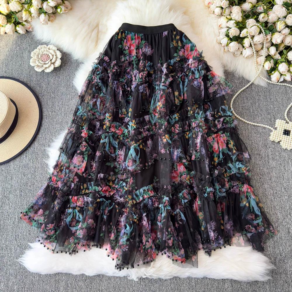 DIMANAF 2025 Summer Women Skirts New Elastic Waist Pleated Mesh Elegant Skirts