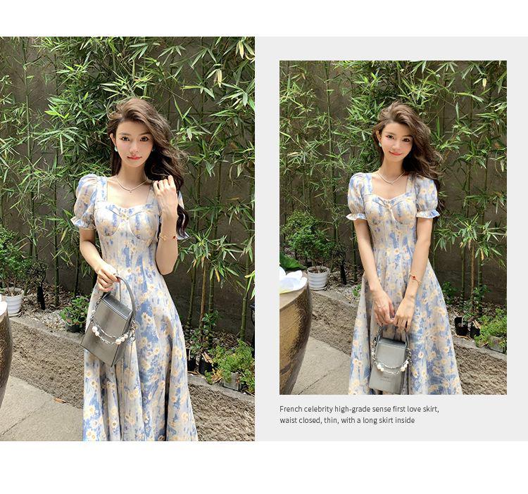 Blue Floral French Square Neck Midi Dress with Waist-Cinching Design
