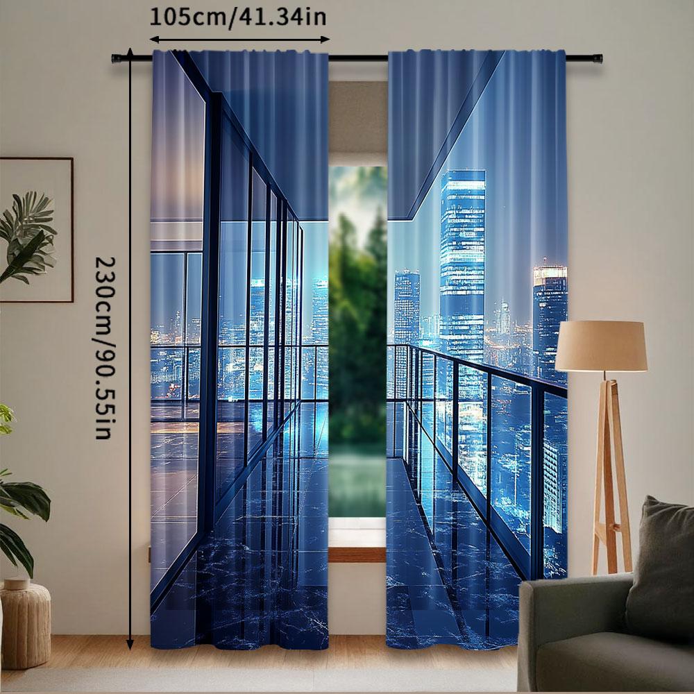 2Pcs Aerial View City Landscape Curtain New York City Night View Backdrop Skyscraper For Living Room Bedroom