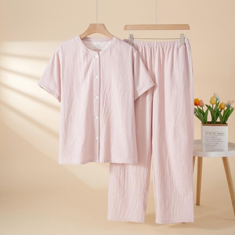 Women Cotton Thin Short Sleeve Long Pants Round Neck Casual Pajama Set Homewear