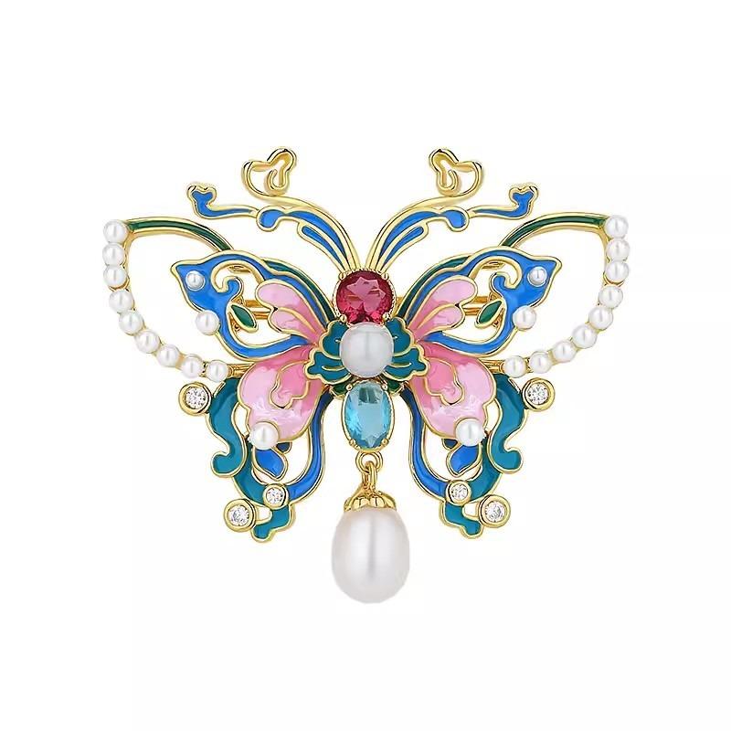 Enamel-colored Butterfly Brooch for Women, Featuring Chinese Style, with Pearl Embellishments, An Elegant Large Pin.