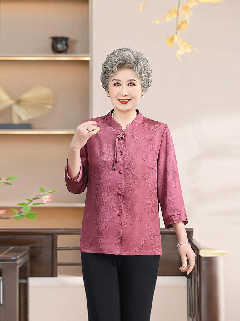 Modern National Style Shirt for Middle-aged Women: Spring/Fall Loose-Fit Chinese Top with 3/4 Sleeves