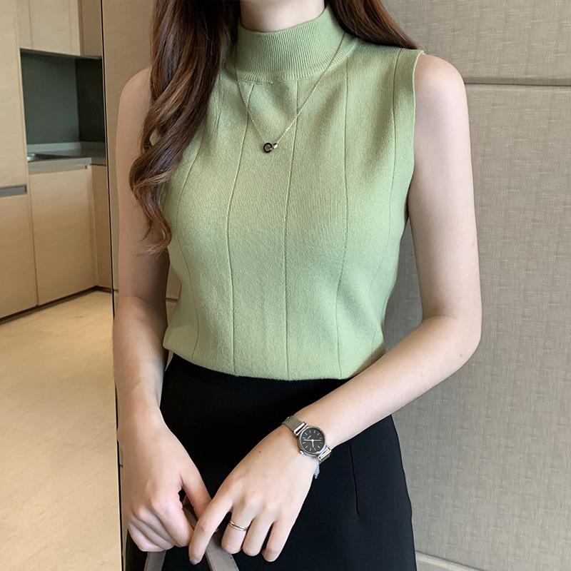 Slim Sleeveless Sweater Solid Color Sexy Half Turtleneck Knitted Top for Women Short Vest Top for Summer