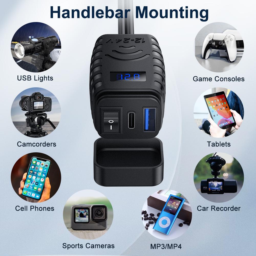 Motorcycle 48W Mobile Phone Quick Charger Waterproof and Dustproof  Intelligent Fast Charging Voltage Display ON/Off