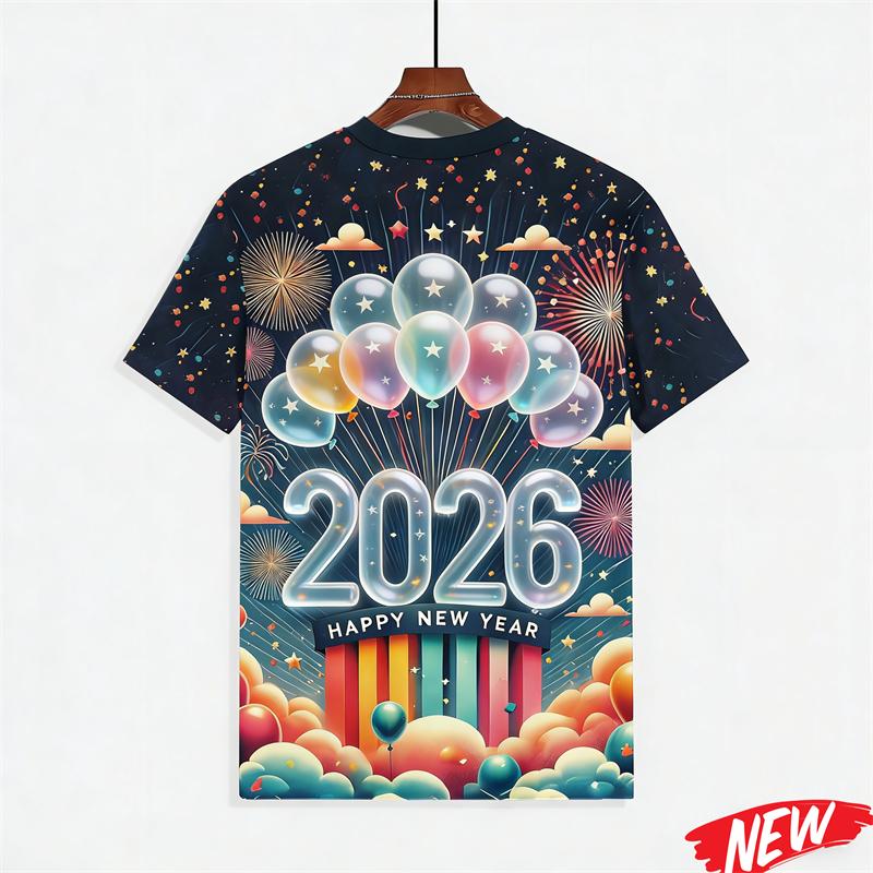 Men's T-shirt with colorful balloon and fireworks pattern, Happy 2026 New Year, short-sleeve holiday party family crew neck T-shirt