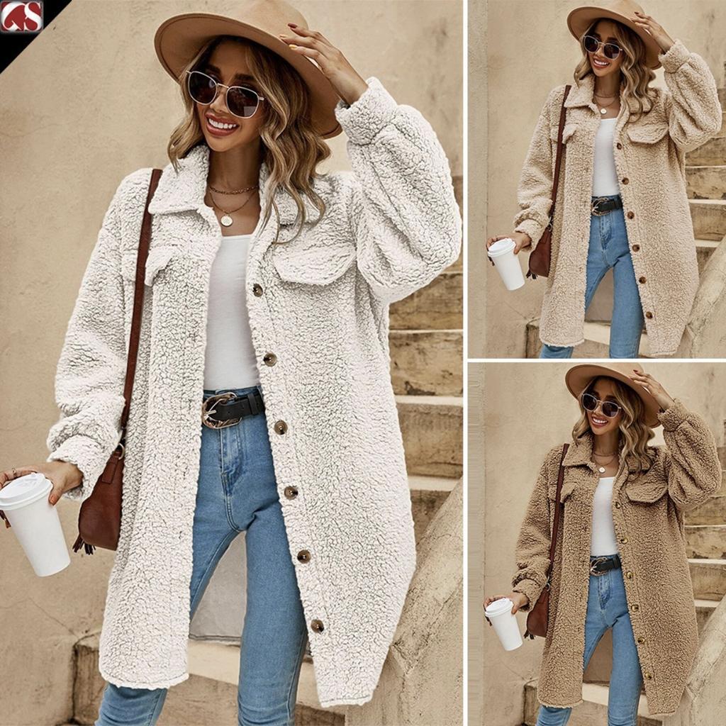 Women's Winter Long Loose Plush Coat, Turn-down Collar Buttoned Open Front Oversized Warm Overcoat for Women, European & American Style