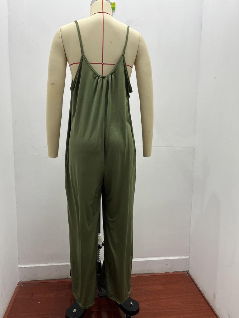 2026 Sommer Damen einfarbiger Jumpsuit mit aufgesetzten Taschen und Trägern - Lockere lässige Passform lange Hosen