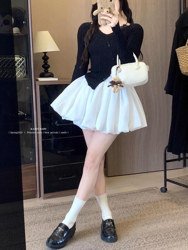 Korean Style Women's 2025 Summer High-Waist Slimming Midi Puff Skirt with Anti-Exposure Shorts