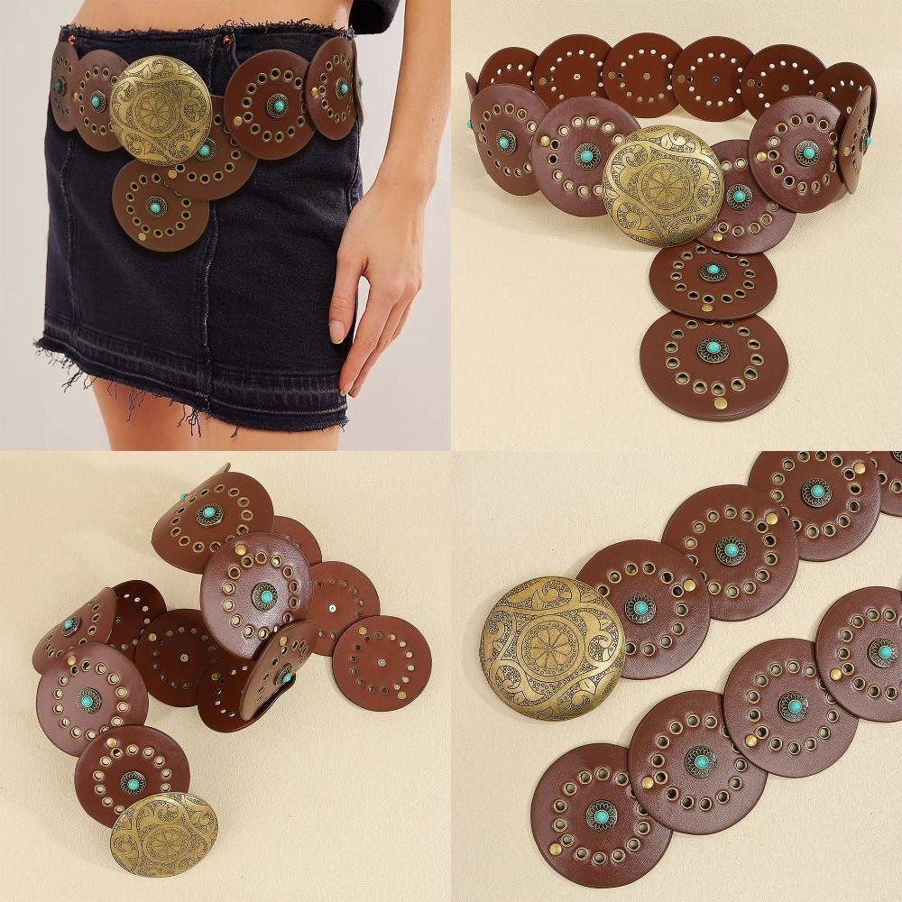 Exaggerated Wide Boho Disc Belt Rivet Woman Vintage Belt Western Leather Waistband  Spicy Girl