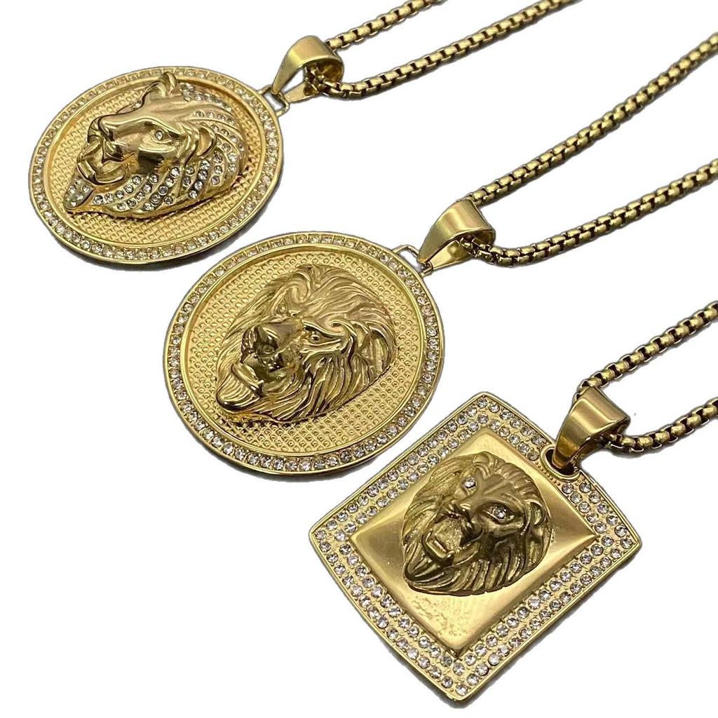 Stainless Steel Rhinestone Lion Head Pendant Hip Hop Necklace