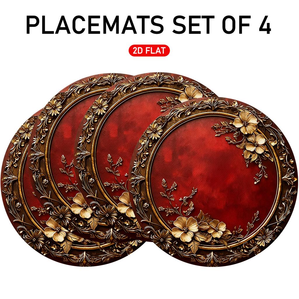 4/6pcs, Red Round Placemats, Placemats Decorated with Golden Floral And Vine Patterns, Suitable for Daily Dining, Family Gatherings And Restaurants, 2