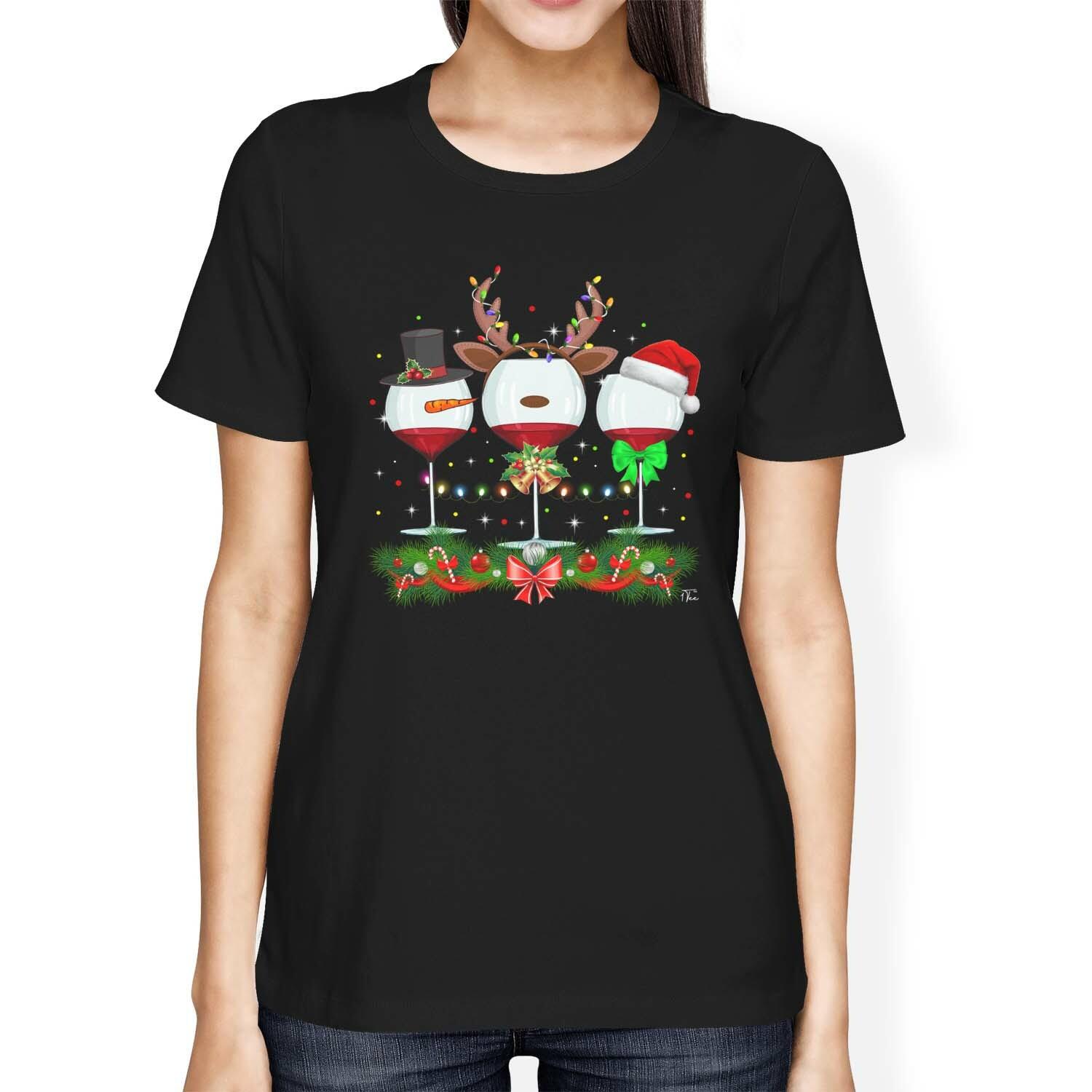 1Tee Womens Loose Fit Three Christmas Wine Glasses T-Shirt S