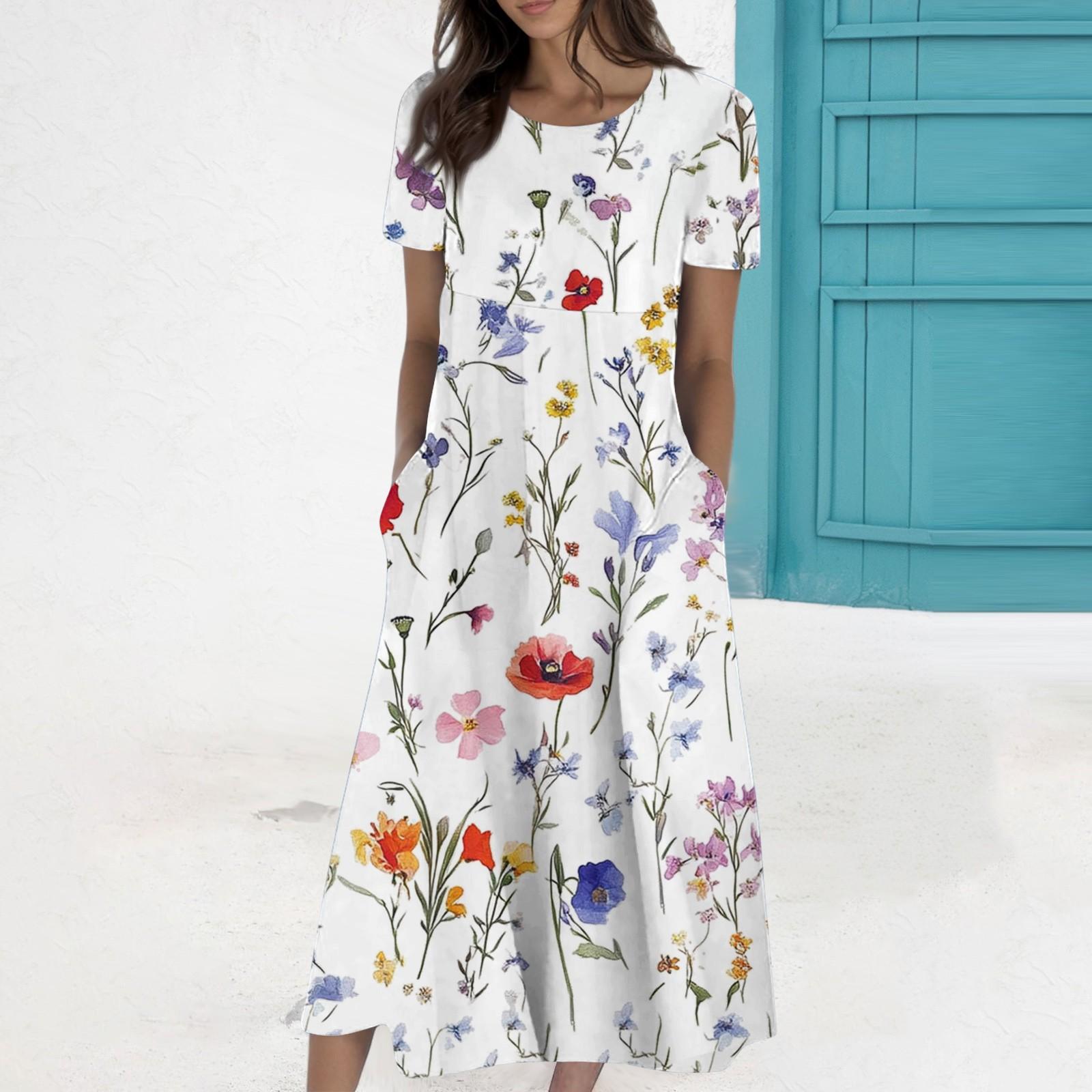 Women s Summer Casual Fashion Printed Short Sleeve Round Neck Pocket Dress XL белый