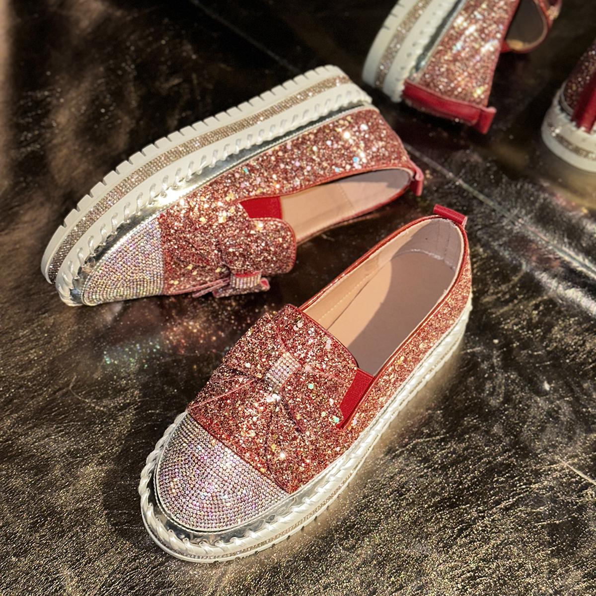 

Fashion Brand Design Glitter Bowknot Loafers Women 2025 Summer Comfort Soft Sole Slip On Casual Shoes Luxury Sequin Cloth Sneakers 44 красный