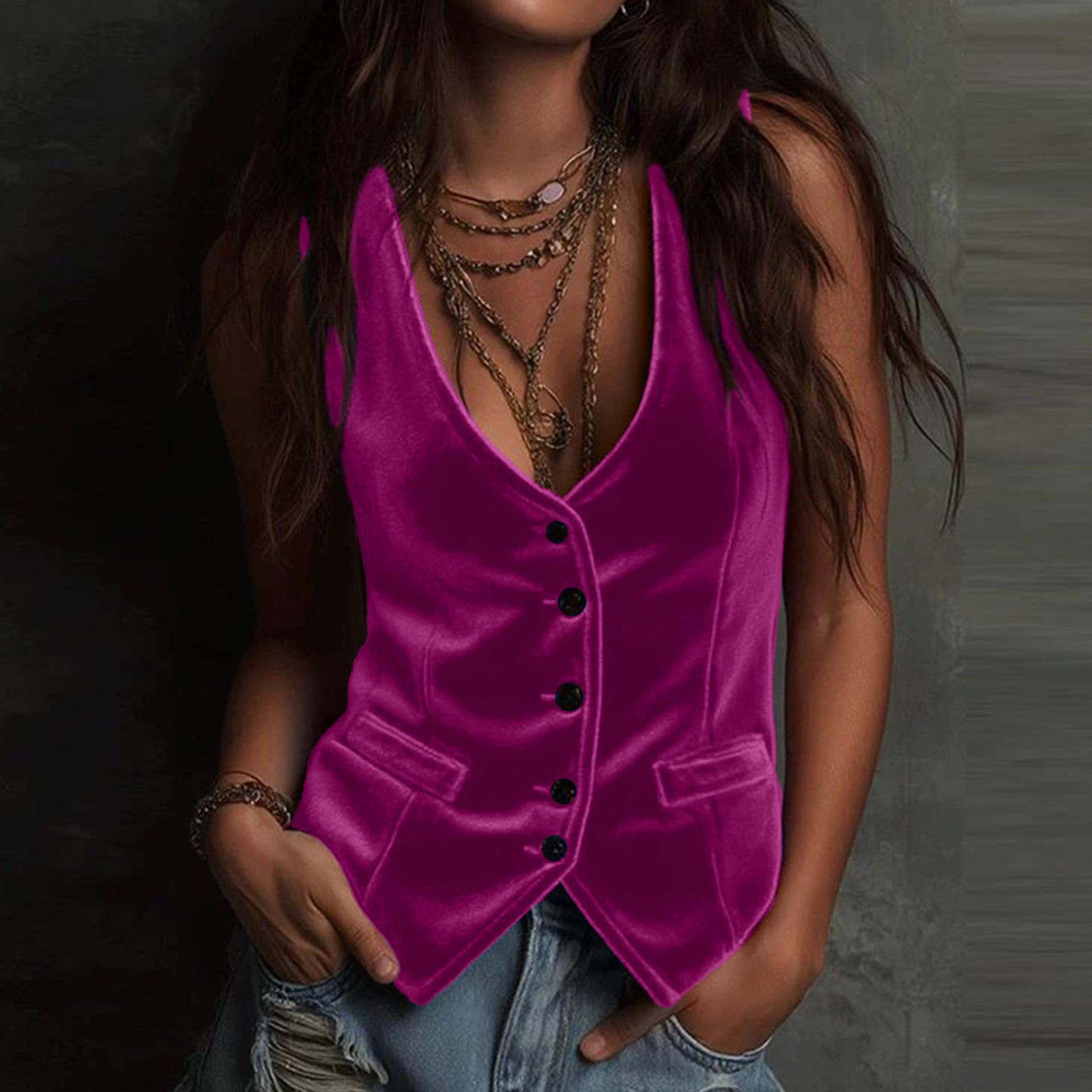 

2026 Spring/Summer Women s Sexy Sleeveless Button Vest Tank Top XL фуксия