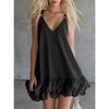 Elegant Ruffled Hem Splicing Party Dress V-neck Sleeveless Fashion Summer A-line Dress Loose Sweet Women's Casual Solid Color Mini Camisole Dresses