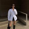 White Long-Sleeve Cinched Waist Slimming Top - Trendy Designer Style for Women, Perfect for Spring & Autumn