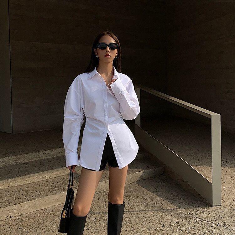 White Long-Sleeve Cinched Waist Slimming Top - Trendy Designer Style for Women, Perfect for Spring & Autumn