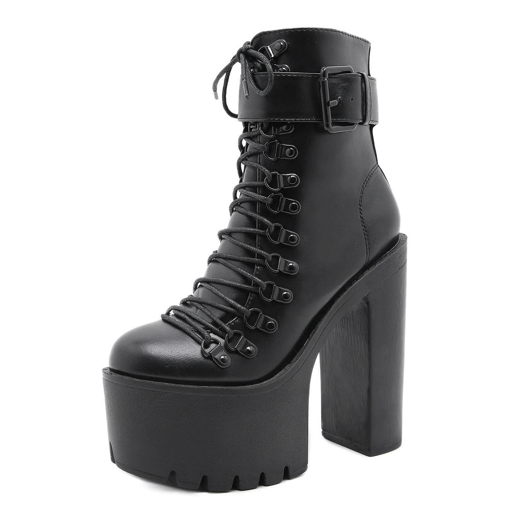 Fashion 2025 Thick High Heeled Female Patent Leather Ankle Boots Round Toe Lace-up Zipper Women Short Boots Gothic Women Shoes