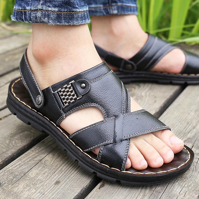 Herrsandaler i äkta läder sommar Tofflor Herr Tofflor Vuxen Strandskor med tjocka sulor Halkfri lädersandal Zapatos Hombre