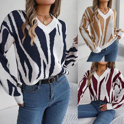 Grobstrick Vintage Cardigan Pullover Langarm V-Ausschnitt Herbst Winter Farbprint Oberteil