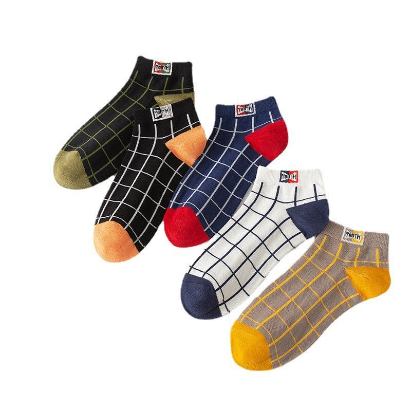 Spring and Summer Men's Cotton Stockings - Check Pattern Trendy Casual Boat Shoes Short Legged Low-Top Four Seasons Stockings