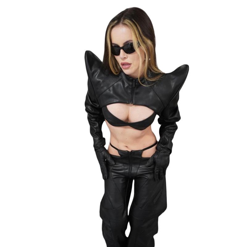 2024 Trendy European & American Style PU Leather Zipper Hollow Crop Tops for Women