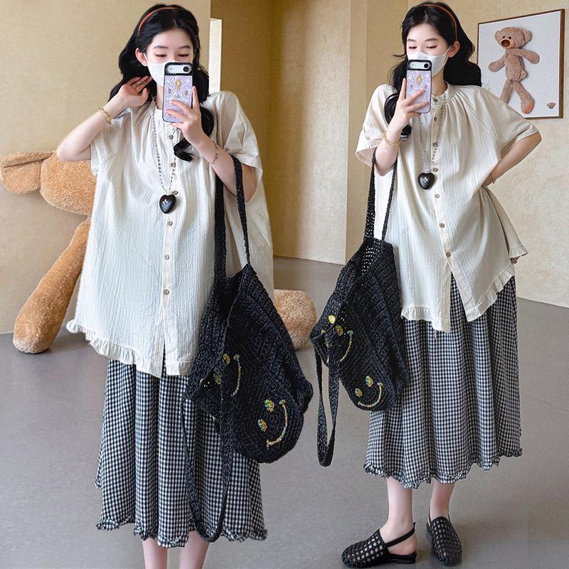 Maternity Summer Mori-kei Cotton Linen Set: Shirt + Plaid Skirt Two-Piece 2XL