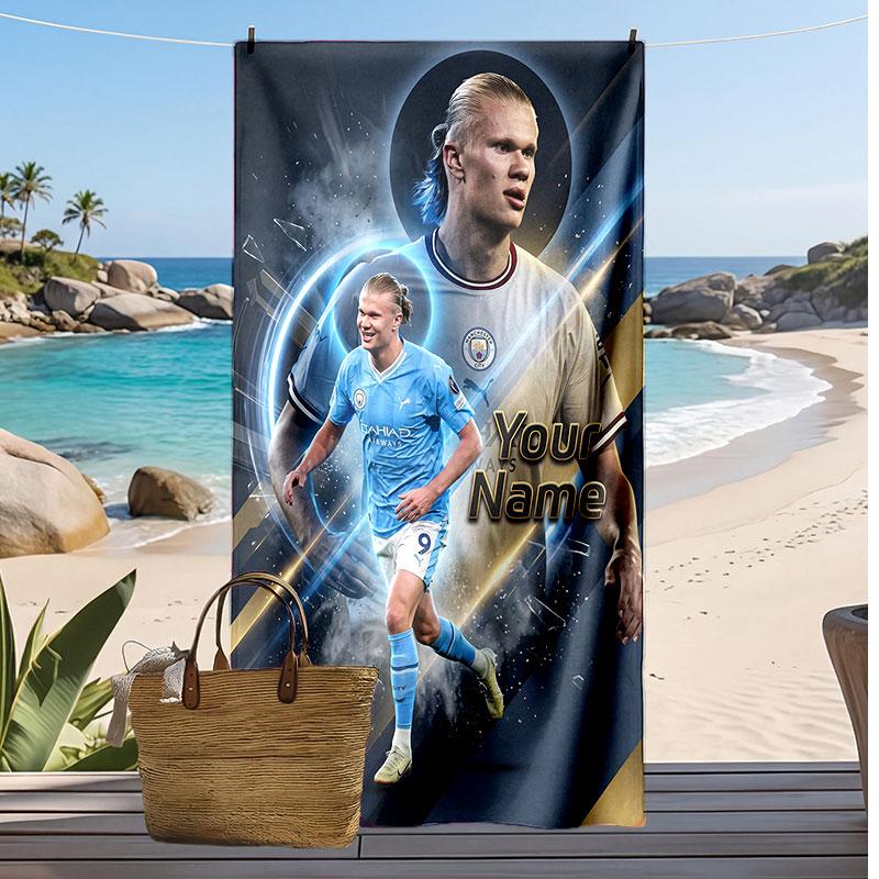 Erling Haaland Personalized Printed Beach Towel Soccer Logo Support Custom Name Text Absorbent Towel For Sport Travel Special Gift