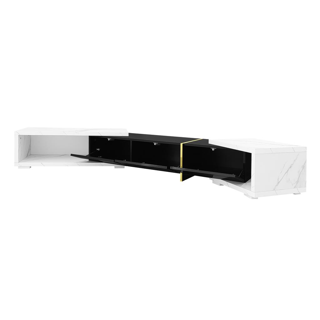 Modern TV Cabinet with Variable Length (140-260 cm), Rotating Function, White Marble Look, Black High-Gloss Matte Finish and Gold Ornaments