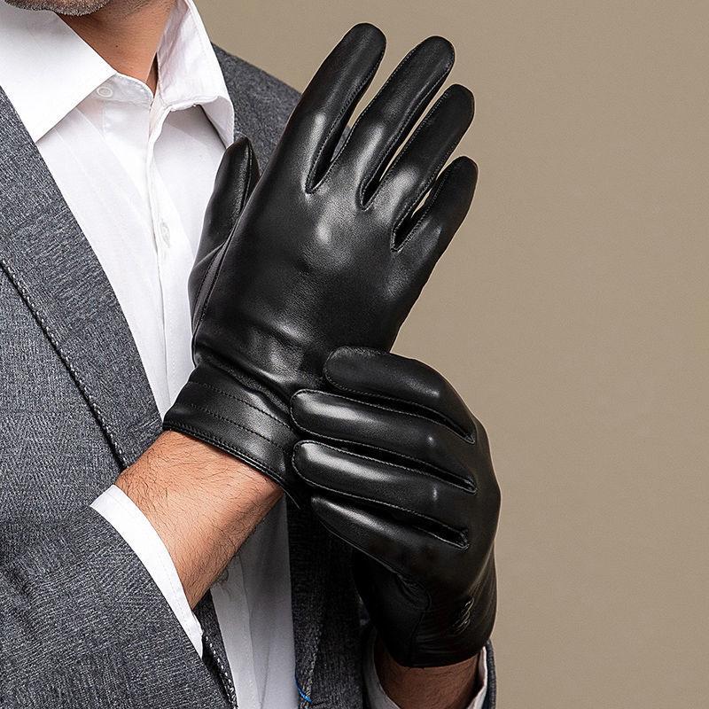 Leather Gloves Men'S Autumn And Winter Fleece Thickened Warm Driving Riding Touch Screen Business First Layer Sheepskin Gloves Windproof