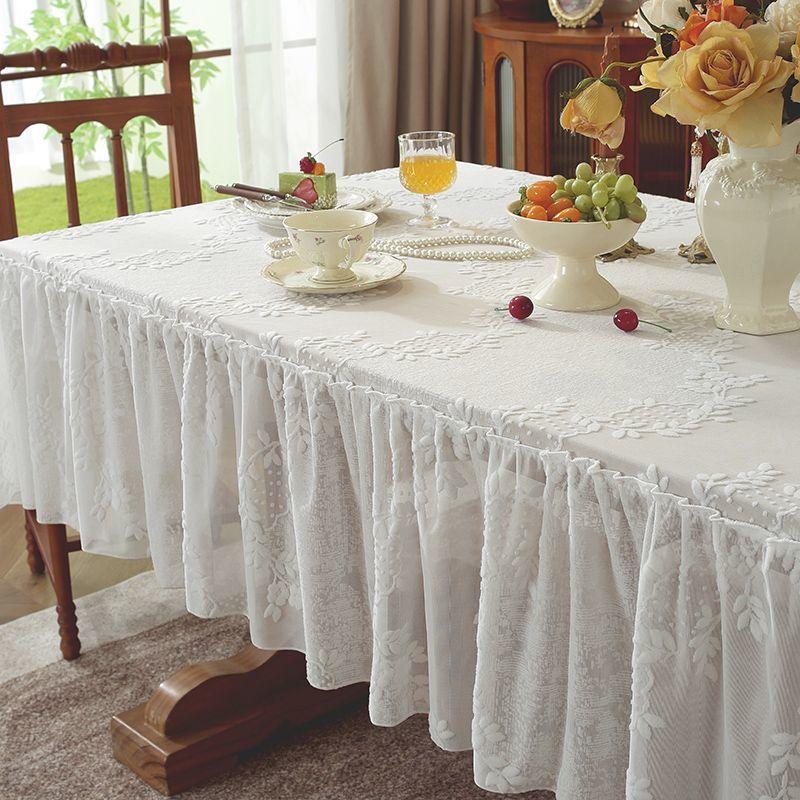 White Romantic Small Fresh Table Cloth Lace Jacquard Skirt Hem Rectangular Tablecloth Restaurant Decoration with Warm Placemats