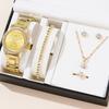 5 PCS Set Gold Watch Women Luxury Ring Necklace Earrings Rhinestone Fashion Wristwatch Female Casual Watches Bracelet Set