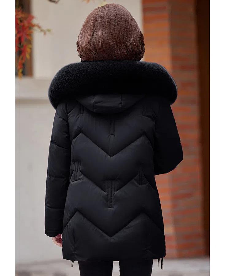 Jaqueta Feminina de Outono e Inverno Cor Sólida com Capuz Gola de Pele Moda Solta Espessa à Prova de Vento Comprimento Médio Jaqueta de Mãe