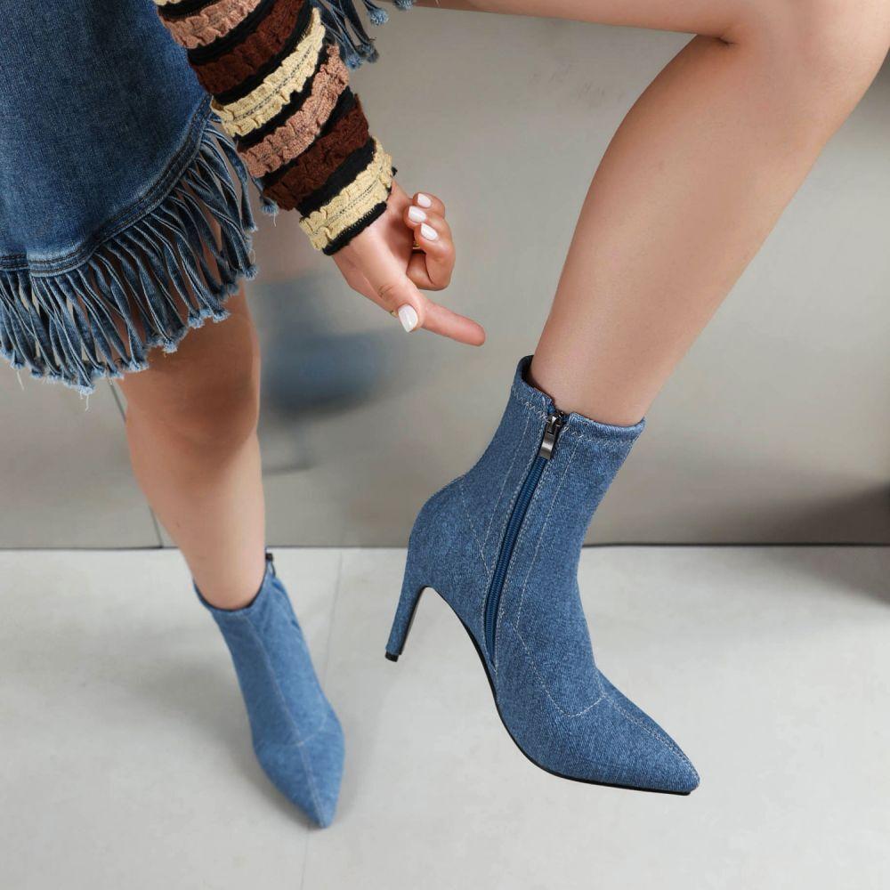  Low Boots Stiletto Pointed Denim  Boots